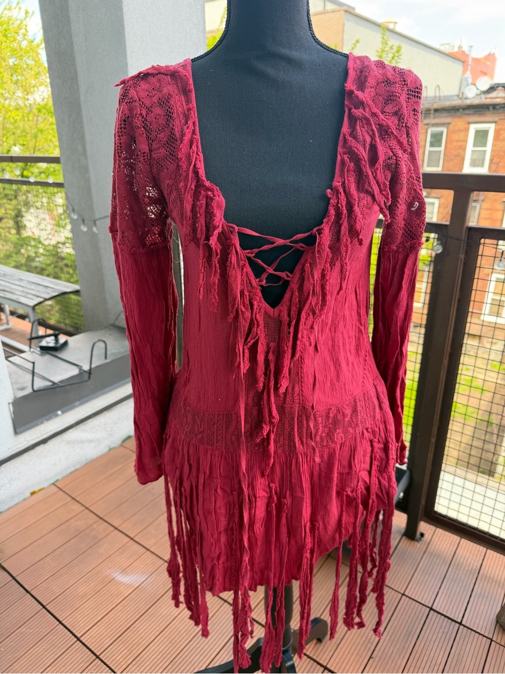 Free People Burgundy Fringe Lace-Up Boho Dress